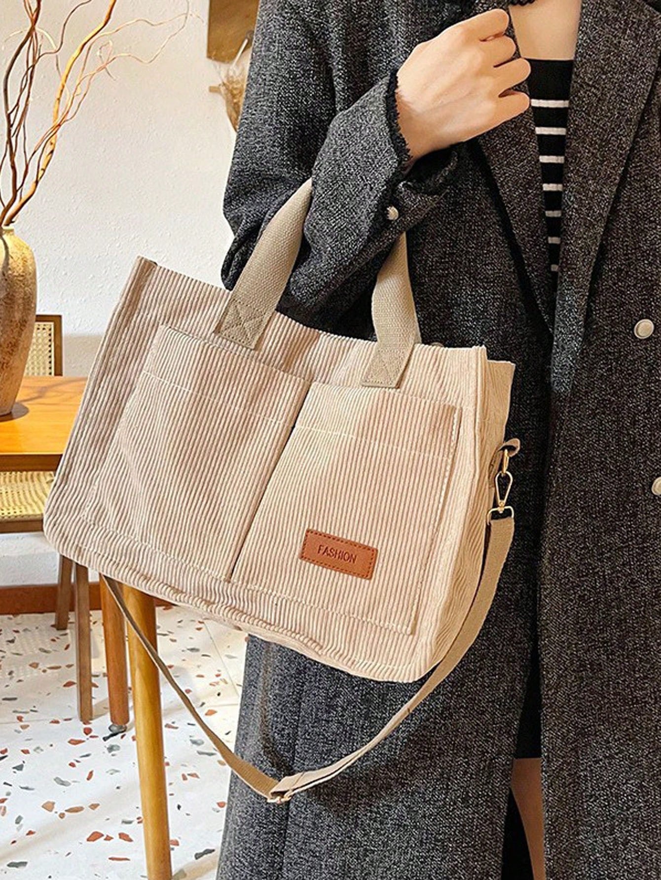 Letter Patch Decor Large Capacity Shoulder Tote Bag, Stylish Linen PVC Crossbody Bag With Multiple Compartments, Portable School Work Bag For Teen Gir