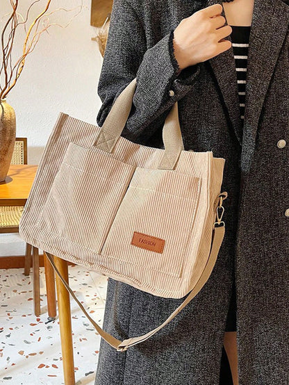 Letter Patch Decor Large Capacity Shoulder Tote Bag, Stylish Linen PVC Crossbody Bag With Multiple Compartments, Portable School Work Bag For Teen Gir