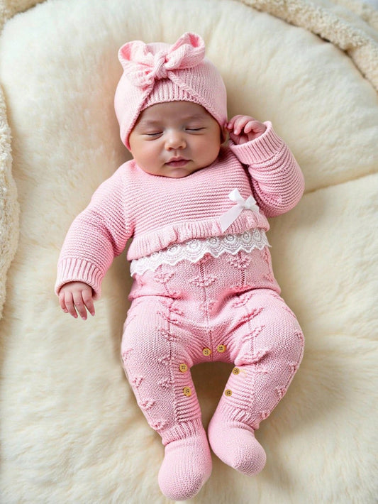 Light Pink Newborn Baby Girl Sweater Romper,Cute Lace Trim 3D Bow Decor Knitted Bodysuit,Autumn Winter Long Sleeve Jumpsuit For Baby Shower Outfit