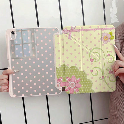 Light Yellow & Pink Polka Dot Plaid Floral Bow Protective Case With Pen Slot, Compatible With IPad 10th Gen 10.9" 2022 Smart Case/Air 13(M3 2025)/Air 11(M3 2025)/11(A16 2025)/Compatible With Samsung G