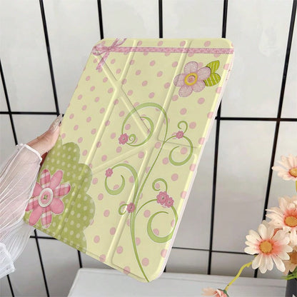 Light Yellow & Pink Polka Dot Plaid Floral Bow Protective Case With Pen Slot, Compatible With IPad 10th Gen 10.9" 2022 Smart Case/Air 13(M3 2025)/Air 11(M3 2025)/11(A16 2025)/Compatible With Samsung G