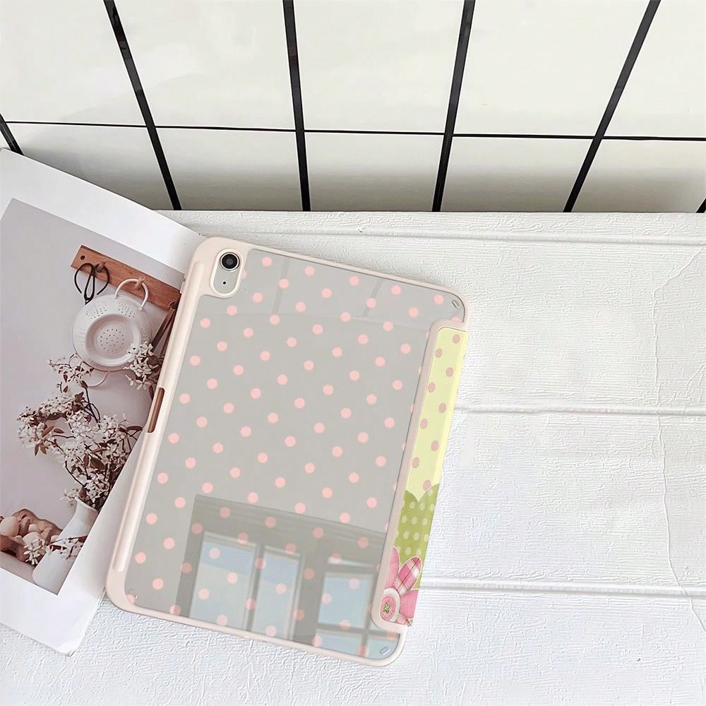 Light Yellow & Pink Polka Dot Plaid Floral Bow Protective Case With Pen Slot, Compatible With IPad 10th Gen 10.9" 2022 Smart Case/Air 13(M3 2025)/Air 11(M3 2025)/11(A16 2025)/Compatible With Samsung G
