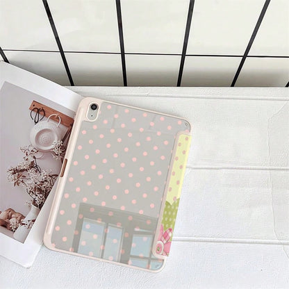 Light Yellow & Pink Polka Dot Plaid Floral Bow Protective Case With Pen Slot, Compatible With IPad 10th Gen 10.9" 2022 Smart Case/Air 13(M3 2025)/Air 11(M3 2025)/11(A16 2025)/Compatible With Samsung G