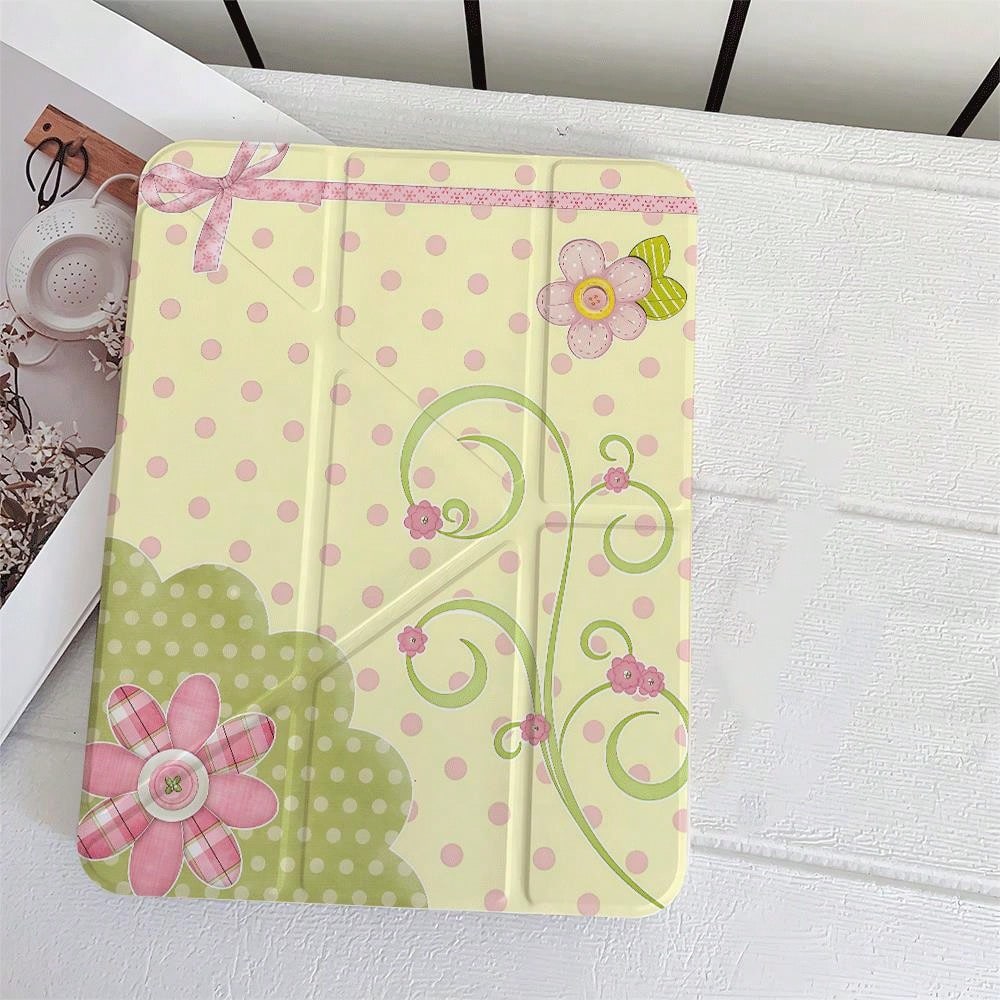 Light Yellow & Pink Polka Dot Plaid Floral Bow Protective Case With Pen Slot, Compatible With IPad 10th Gen 10.9" 2022 Smart Case/Air 13(M3 2025)/Air 11(M3 2025)/11(A16 2025)/Compatible With Samsung G