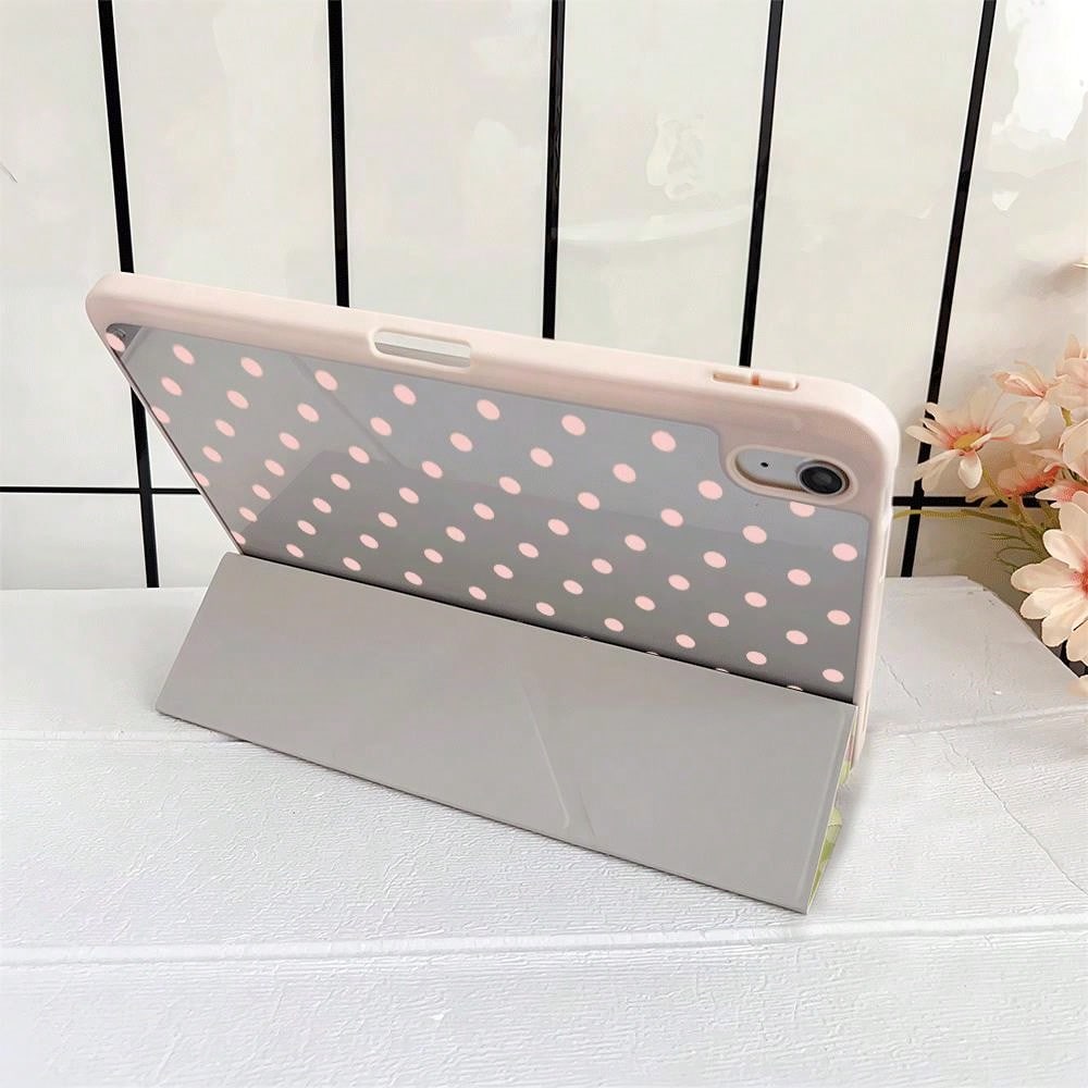 Light Yellow & Pink Polka Dot Plaid Floral Bow Protective Case With Pen Slot, Compatible With IPad 10th Gen 10.9" 2022 Smart Case/Air 13(M3 2025)/Air 11(M3 2025)/11(A16 2025)/Compatible With Samsung G