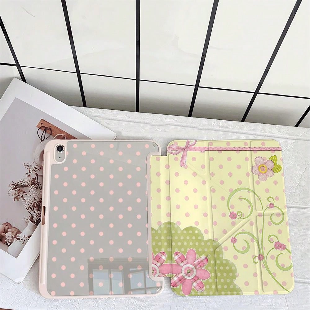 Light Yellow & Pink Polka Dot Plaid Floral Bow Protective Case With Pen Slot, Compatible With IPad 10th Gen 10.9" 2022 Smart Case/Air 13(M3 2025)/Air 11(M3 2025)/11(A16 2025)/Compatible With Samsung G