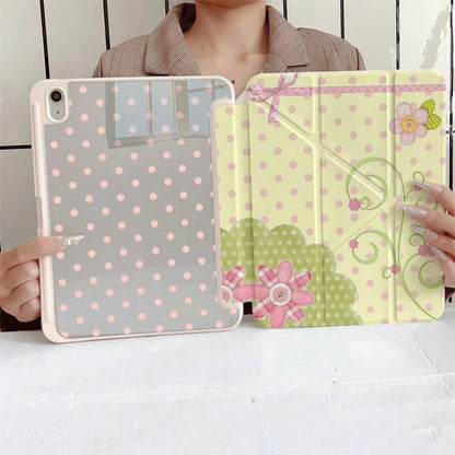 Light Yellow & Pink Polka Dot Plaid Floral Bow Protective Case With Pen Slot, Compatible With IPad 10th Gen 10.9" 2022 Smart Case/Air 13(M3 2025)/Air 11(M3 2025)/11(A16 2025)/Compatible With Samsung G