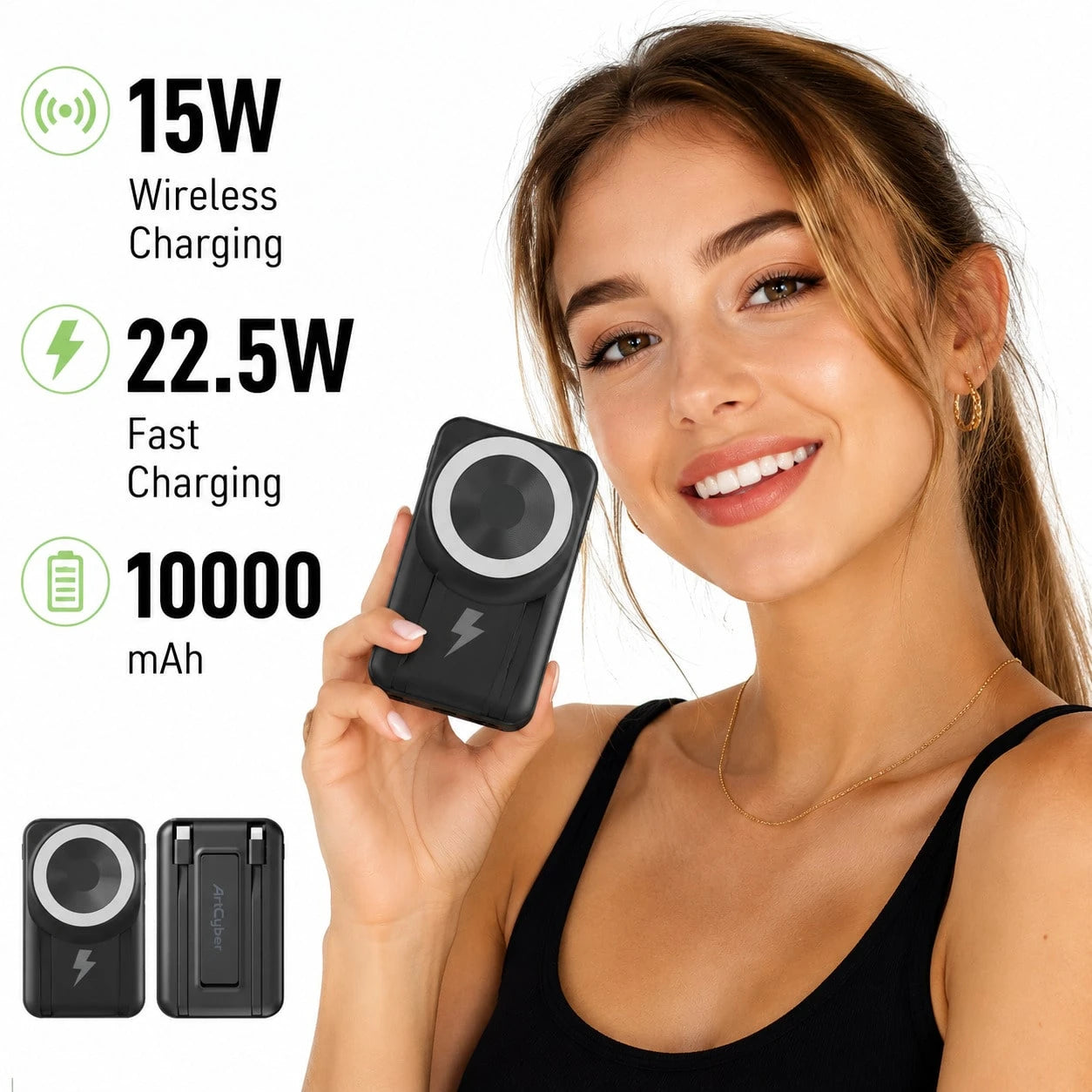 Lightweight 10000mAh Wireless Magnetic Portable Charger, Foldable Stand Built-In Dual Cables 15W Magnetic Charging 22.5W Fast Charging, Travel Essentials Camping Essentials College Dorm Essentials Bac