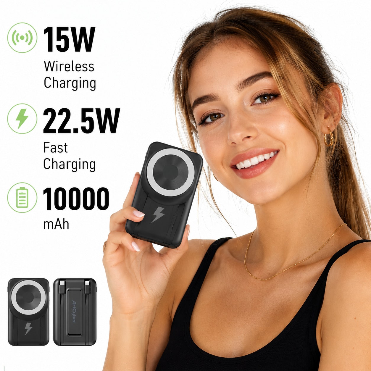 Lightweight 10000mAh Wireless Magnetic Portable Charger, Foldable Stand Built-In Dual Cables 15W Magnetic Charging 22.5W Fast Charging, Travel Essentials Camping Essentials College Dorm Essentials Bac