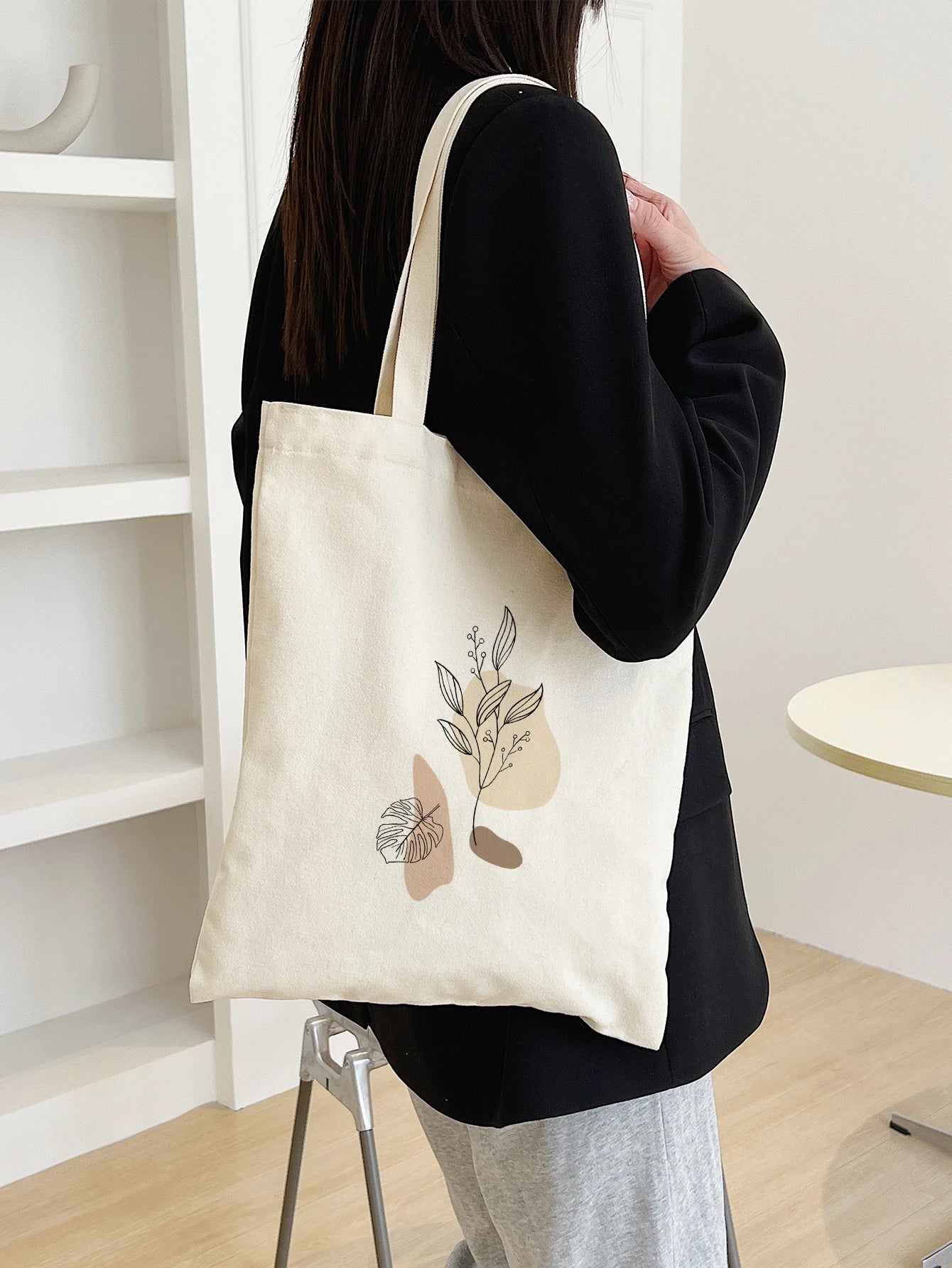 Lightweight, Business Casual Plants Graphic Flower Floral Canvas Bag, Shopping Bag Large Capacity Tote Bag, Shoulder Bag For Teen Girls Women College Students, Rookies & White-Collar Workers For Offic