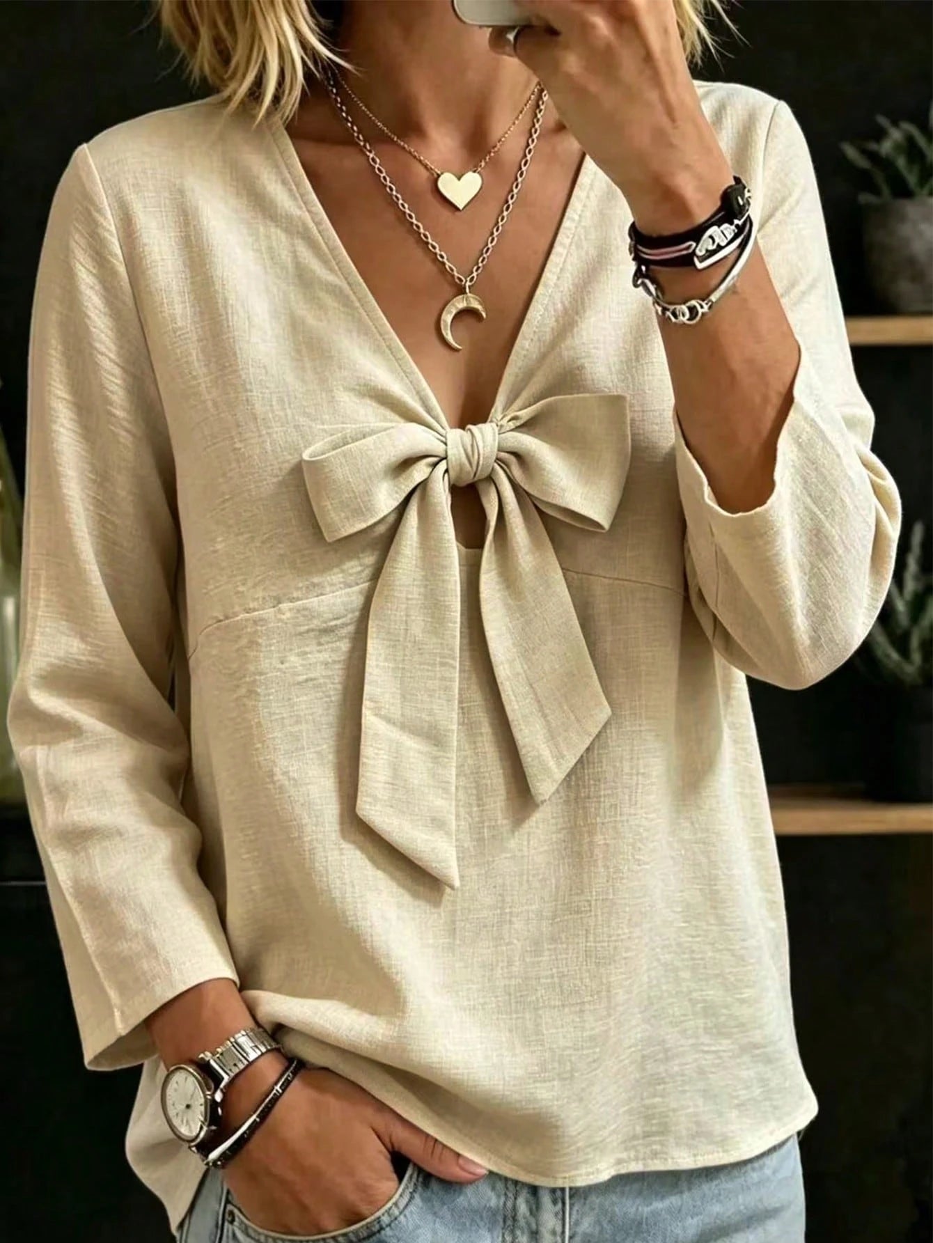 Linhara CURVE Plus Size Khaki Shirt With Bow Tie Detail, Long Sleeve V-Neck Loose Fit Fashion Versatile Casual Comfortable Spring Autumn Daily Design Base Layer
