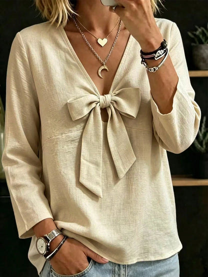 Linhara CURVE Plus Size Khaki Shirt With Bow Tie Detail, Long Sleeve V-Neck Loose Fit Fashion Versatile Casual Comfortable Spring Autumn Daily Design Base Layer