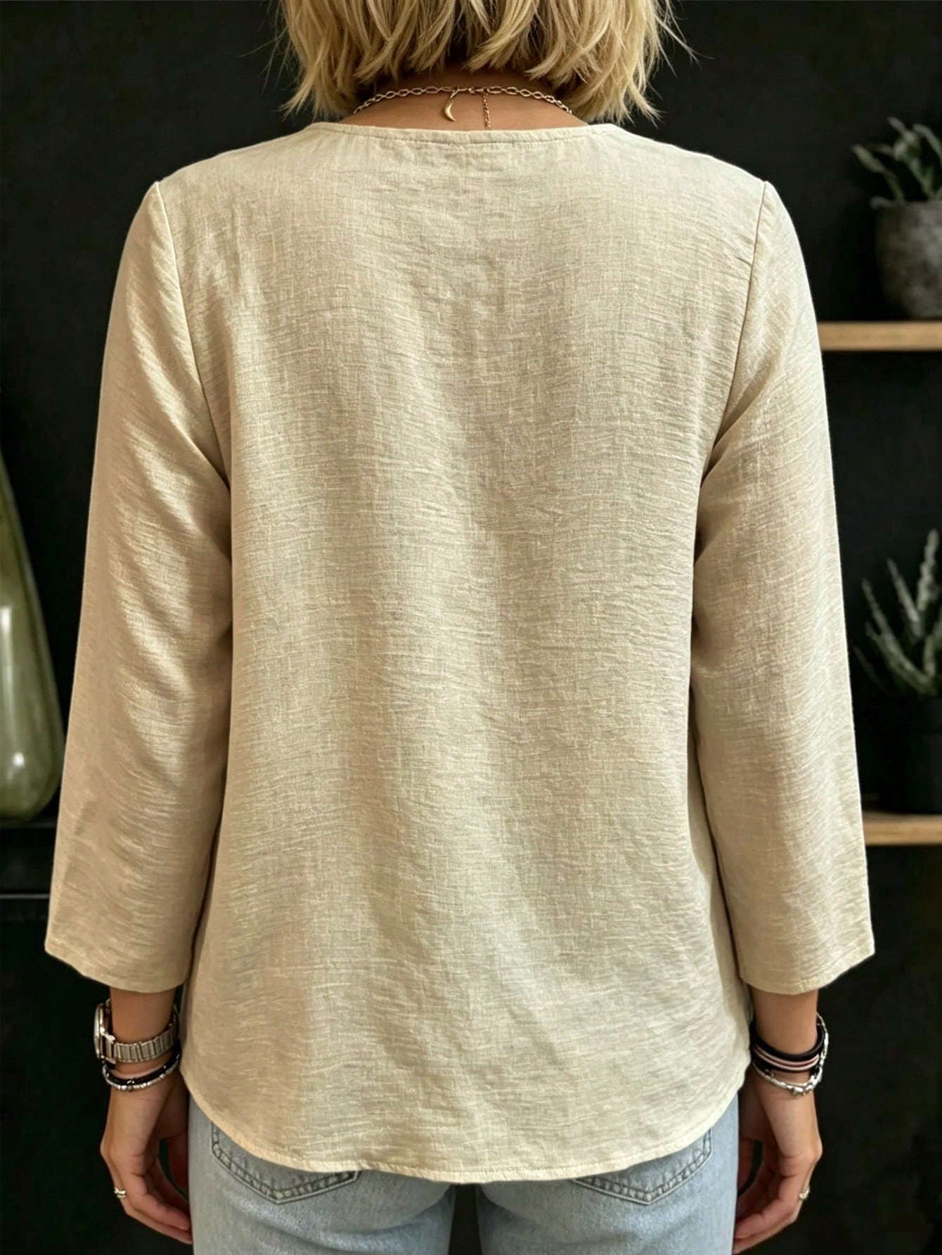 Linhara CURVE Plus Size Khaki Shirt With Bow Tie Detail, Long Sleeve V-Neck Loose Fit Fashion Versatile Casual Comfortable Spring Autumn Daily Design Base Layer