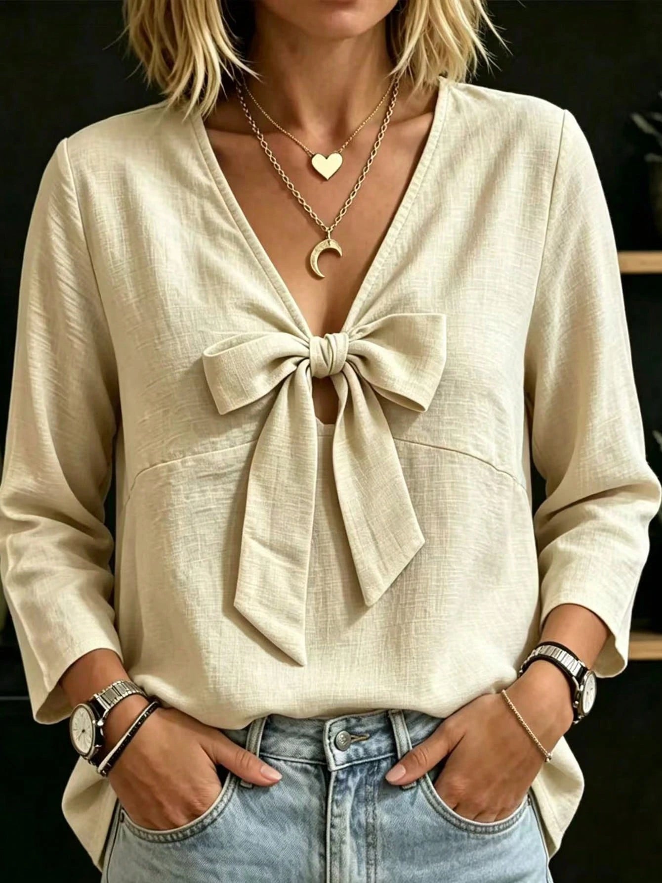Linhara CURVE Plus Size Khaki Shirt With Bow Tie Detail, Long Sleeve V-Neck Loose Fit Fashion Versatile Casual Comfortable Spring Autumn Daily Design Base Layer
