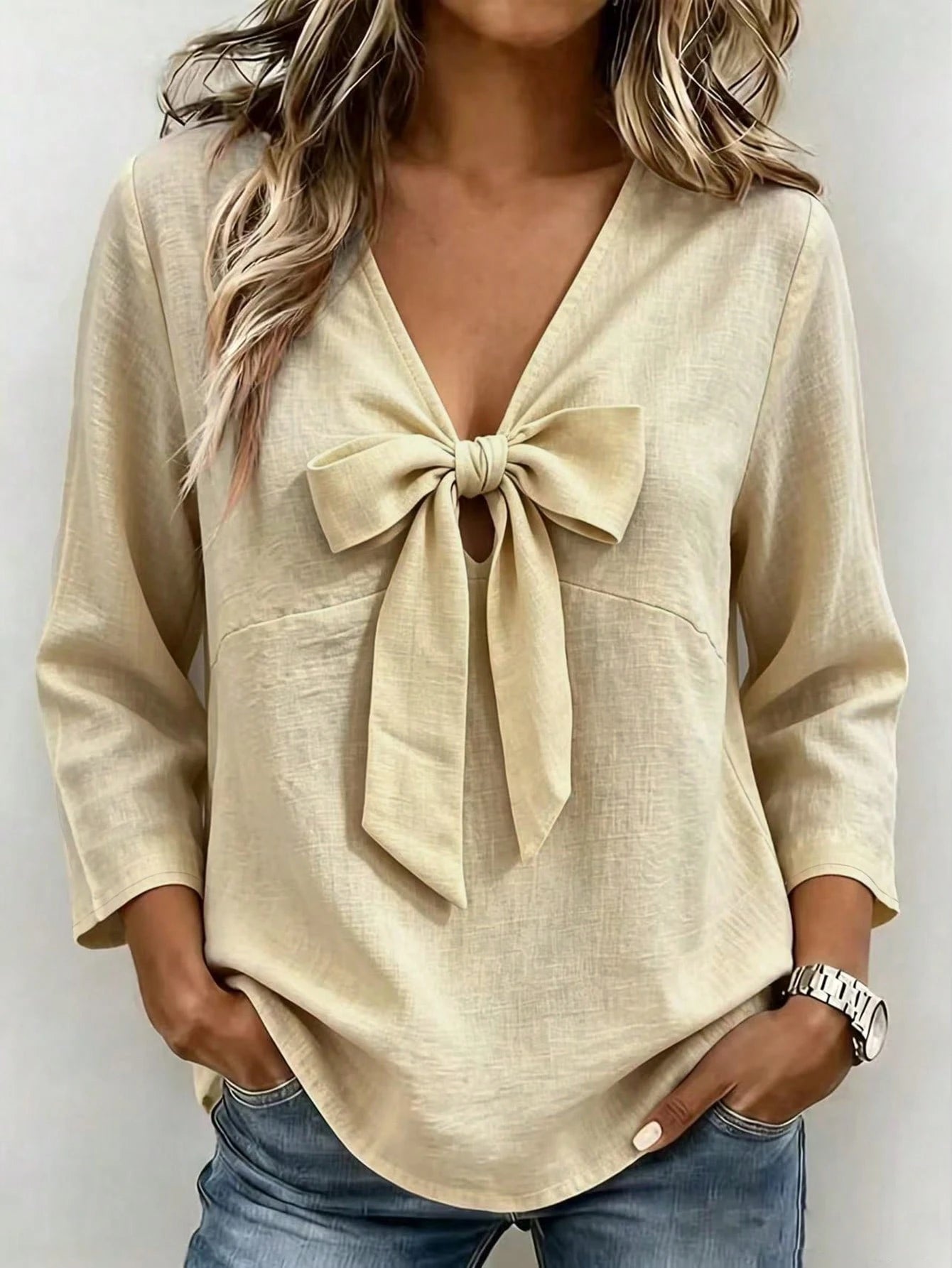 Linhara CURVE Plus Size Khaki Shirt With Bow Tie Detail, Long Sleeve V-Neck Loose Fit Fashion Versatile Casual Comfortable Spring Autumn Daily Design Base Layer