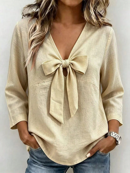 Linhara CURVE Plus Size Khaki Shirt With Bow Tie Detail, Long Sleeve V-Neck Loose Fit Fashion Versatile Casual Comfortable Spring Autumn Daily Design Base Layer