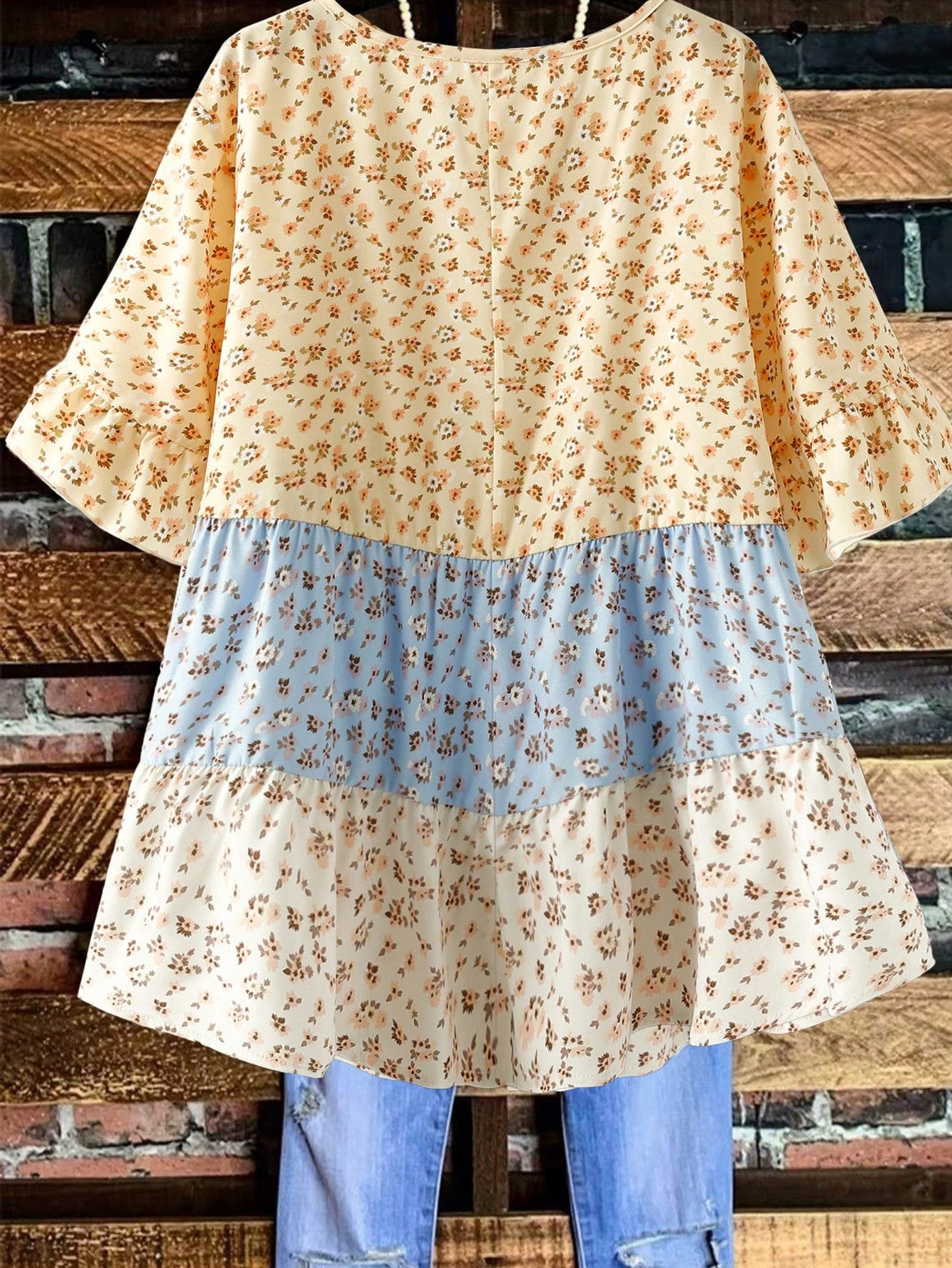 Linhara Plus Size Women's Dusty Blue Summer Boho Vacation Holiday Round Neck Ruffle Trim Short Sleeve Ditsy Floral Color Block Peplum Blouse Bohemian Tops