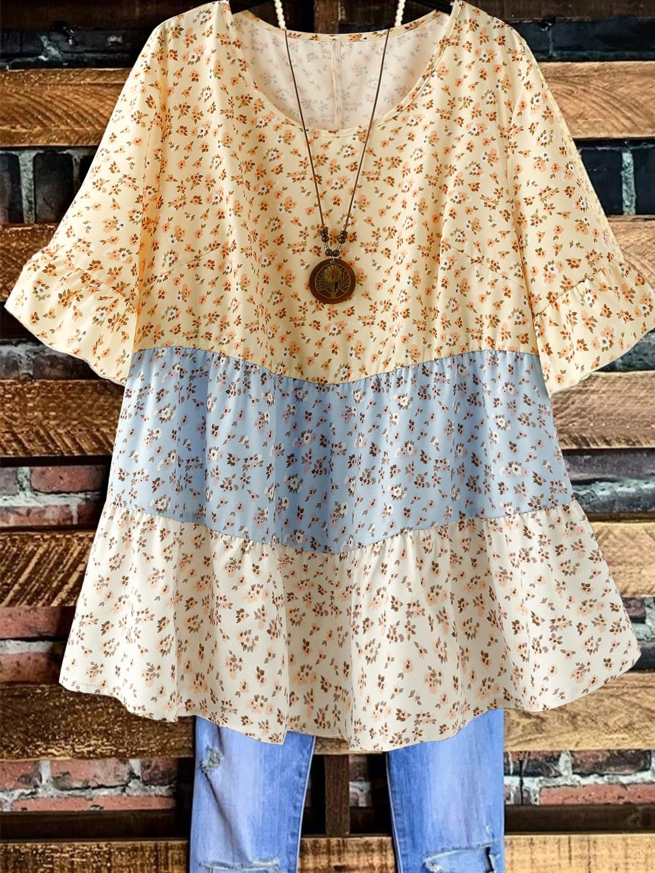 Linhara Plus Size Women's Dusty Blue Summer Boho Vacation Holiday Round Neck Ruffle Trim Short Sleeve Ditsy Floral Color Block Peplum Blouse Bohemian Tops