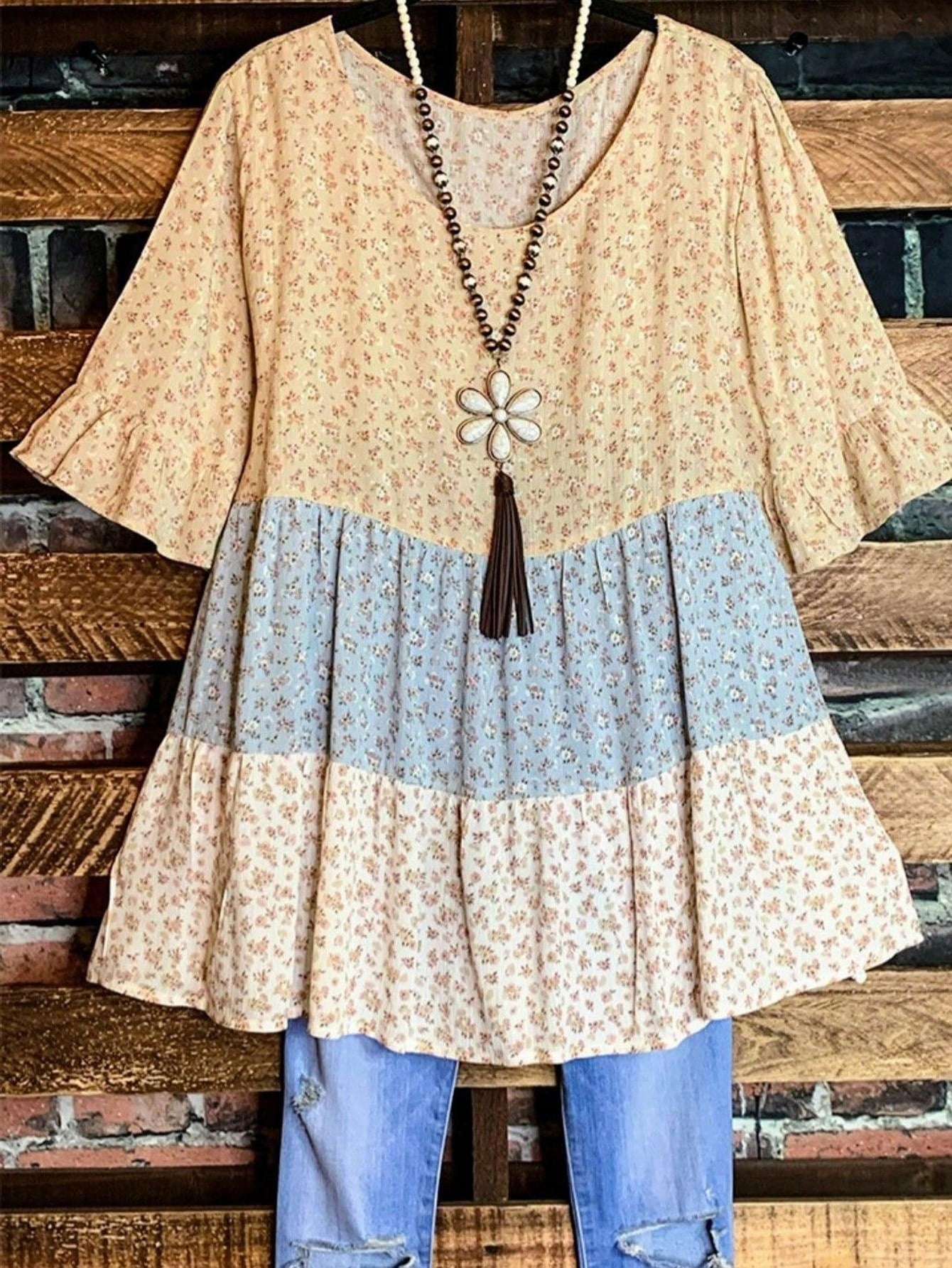 Linhara Plus Size Women's Dusty Blue Summer Boho Vacation Holiday Round Neck Ruffle Trim Short Sleeve Ditsy Floral Color Block Peplum Blouse Bohemian Tops