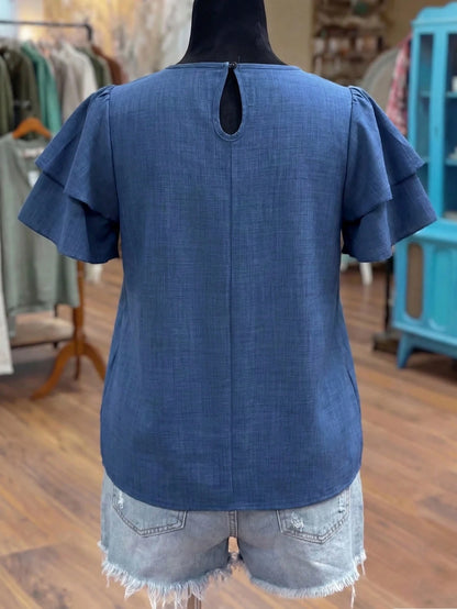 Linhara Plus Size Women's Spring/Summer Solid Color Round Neck Double Layer Sleeve Short Sleeve Casual Shirt, Casual Fashion Versatile Pleated Summer Vacation Women's Shirt