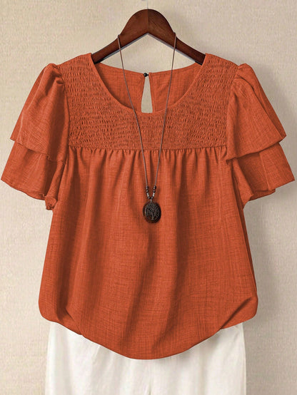 Linhara Plus Size Women's Spring/Summer Solid Color Round Neck Double Layer Sleeve Short Sleeve Casual Shirt, Casual Fashion Versatile Pleated Summer Vacation Women's Shirt