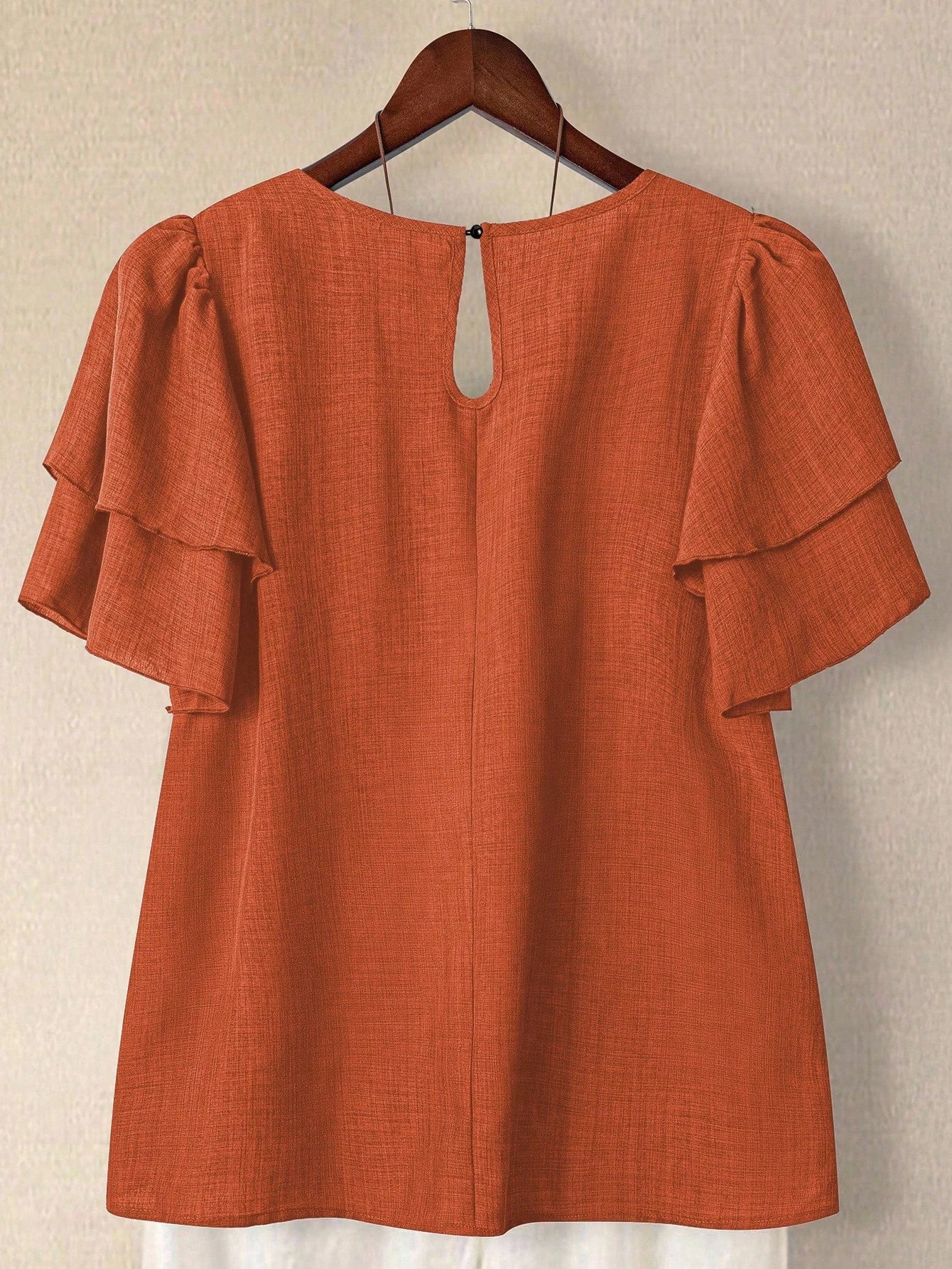 Linhara Plus Size Women's Spring/Summer Solid Color Round Neck Double Layer Sleeve Short Sleeve Casual Shirt, Casual Fashion Versatile Pleated Summer Vacation Women's Shirt