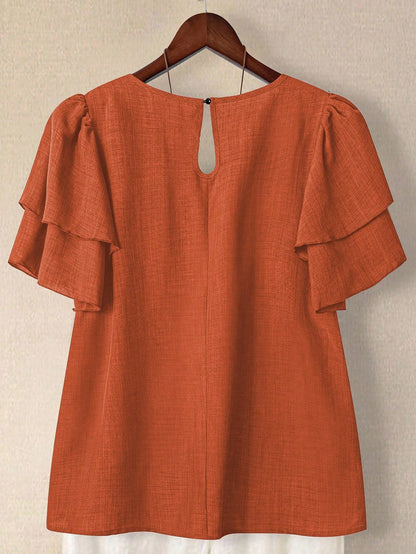 Linhara Plus Size Women's Spring/Summer Solid Color Round Neck Double Layer Sleeve Short Sleeve Casual Shirt, Casual Fashion Versatile Pleated Summer Vacation Women's Shirt