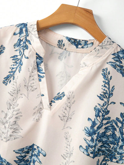 Linhara Plus Size Women Summer Casual Notched Neck Printed Shirt