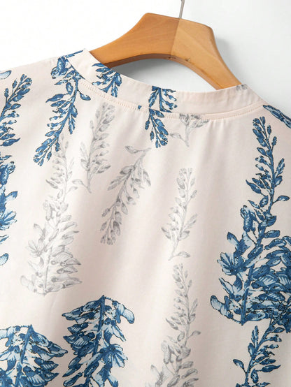 Linhara Plus Size Women Summer Casual Notched Neck Printed Shirt