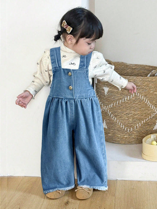 Little Byeori Baby Girl Button Decor Ruffle Casual Wide Leg Denim Jumpsuit