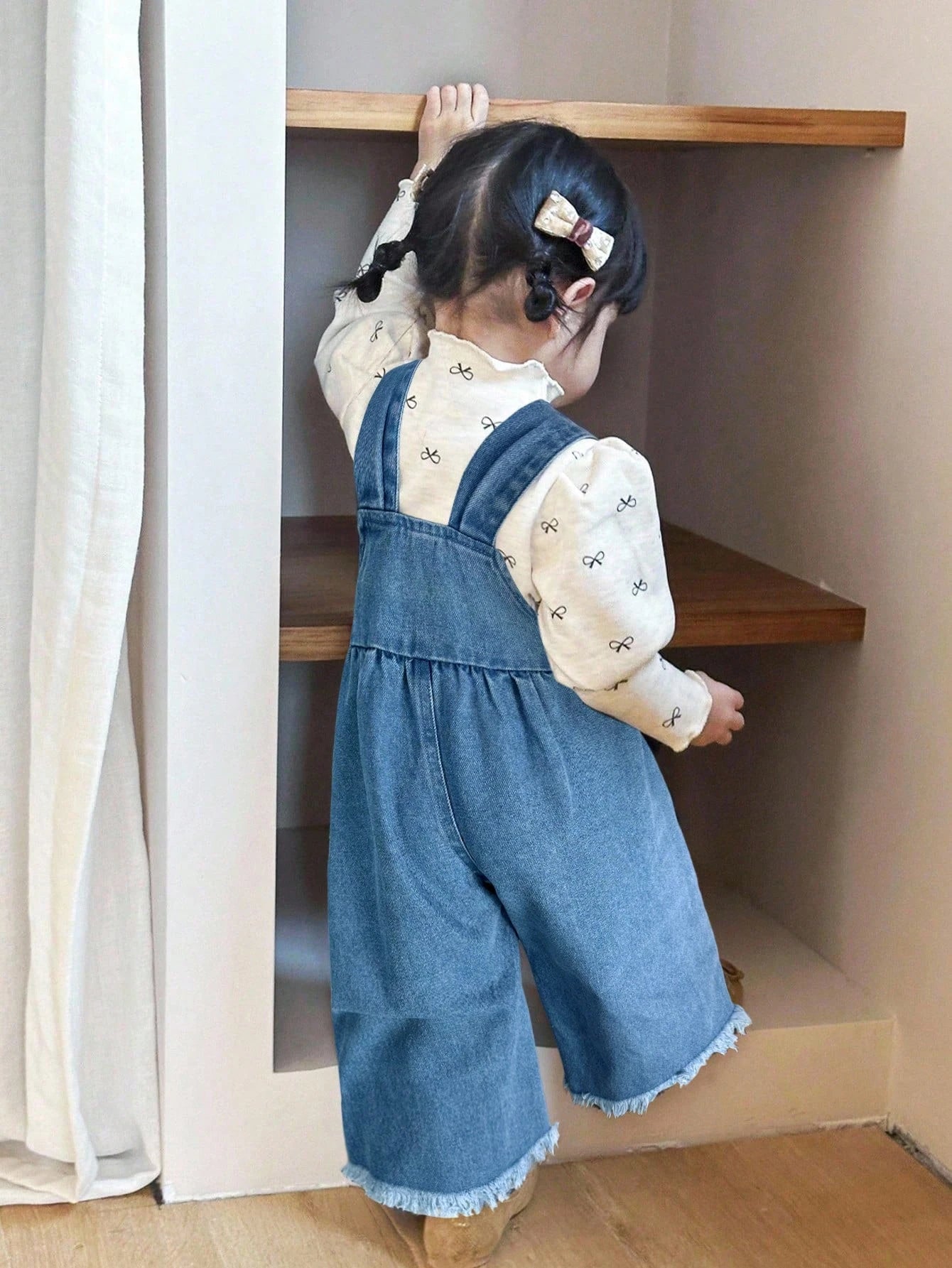 Little Byeori Baby Girl Button Decor Ruffle Casual Wide Leg Denim Jumpsuit