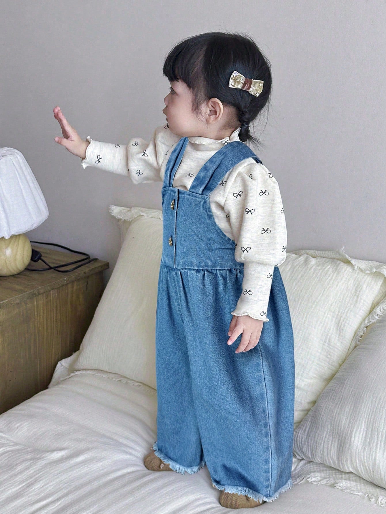 Little Byeori Baby Girl Button Decor Ruffle Casual Wide Leg Denim Jumpsuit