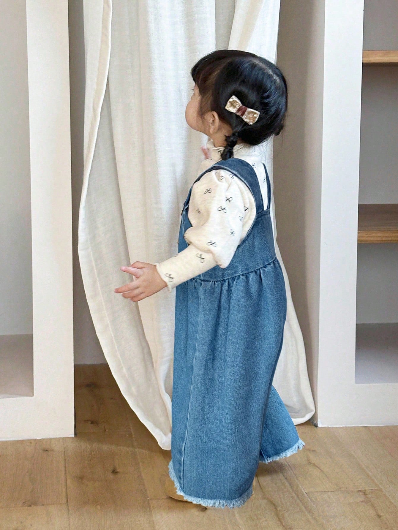 Little Byeori Baby Girl Button Decor Ruffle Casual Wide Leg Denim Jumpsuit