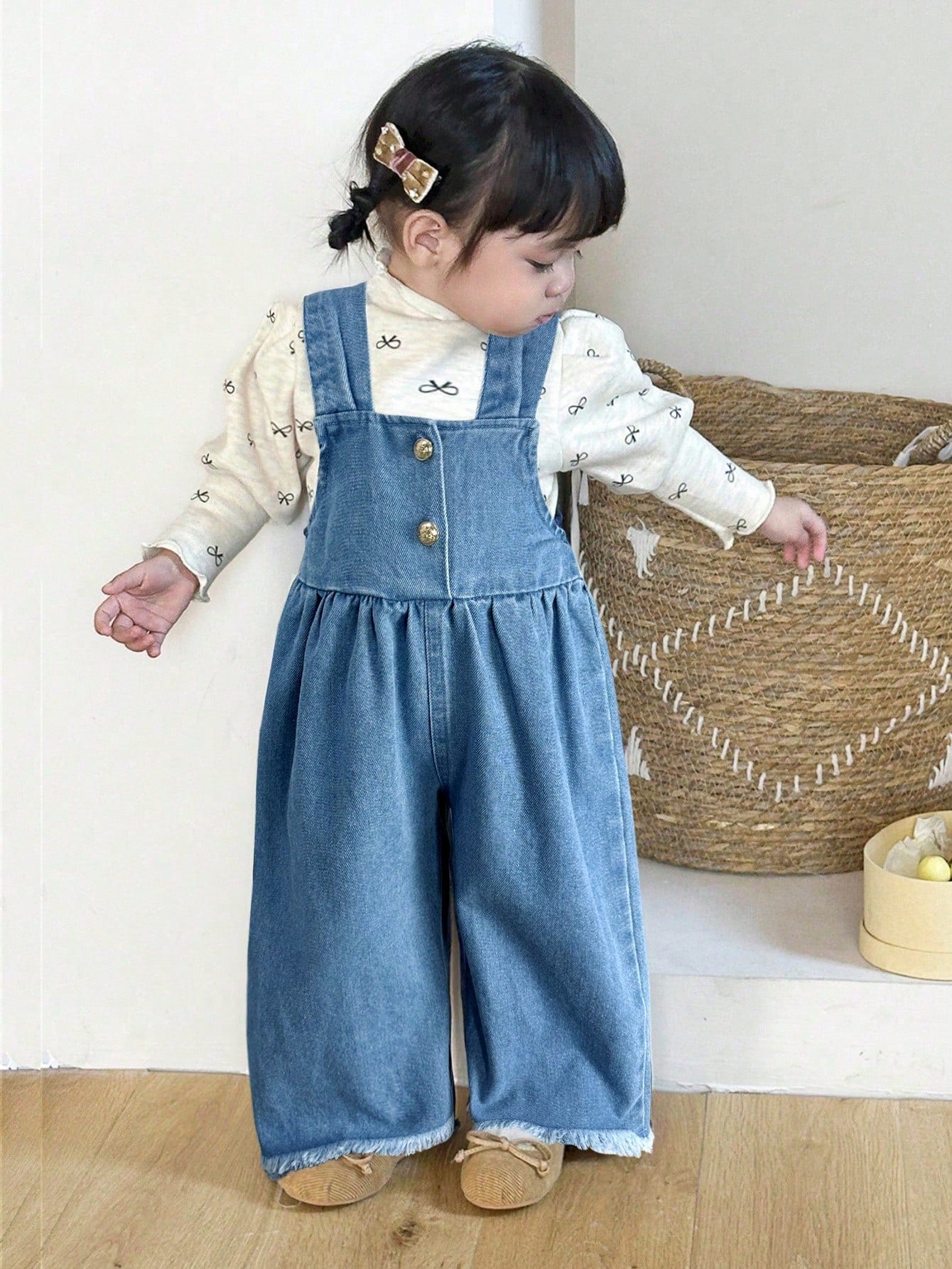 Little Byeori Baby Girl Button Decor Ruffle Casual Wide Leg Denim Jumpsuit