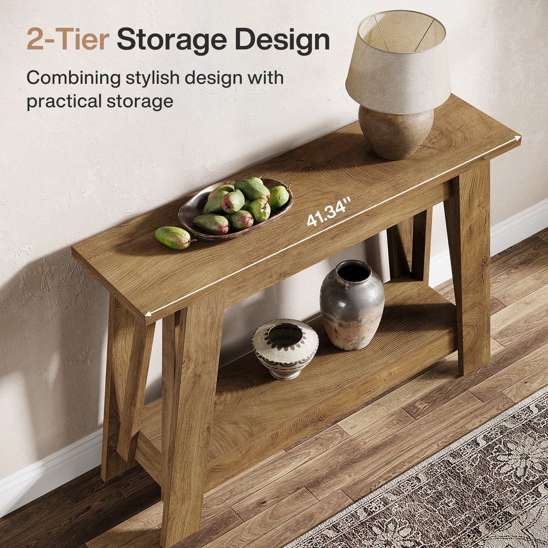 LITTLE TREE 2-Tier Farmhouse Console Table With Storage, 41.3" Wooden Entryway Table, Rustic Narrow Behind Couch For Living Room, Hallway, Foyer,Natural
