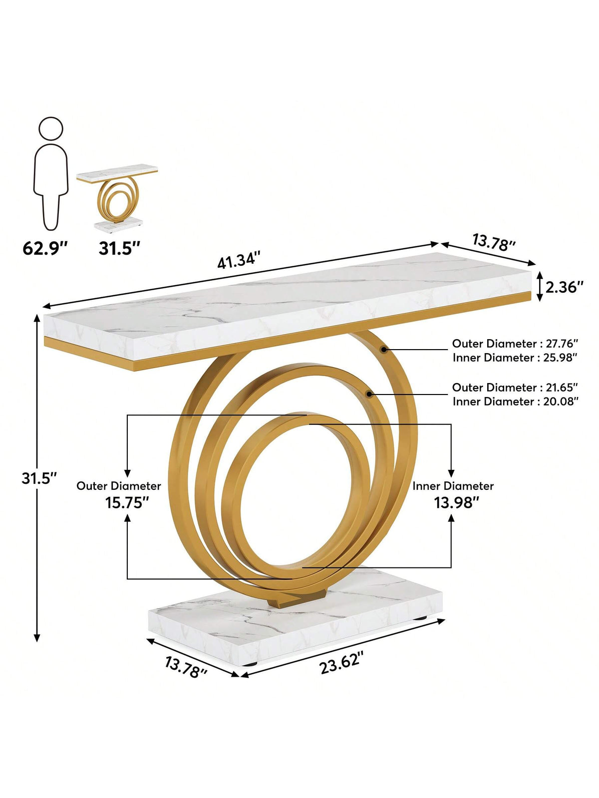 LITTLE TREE 41-Inch Gold Entryway Table, Modern Console Table Narrow Long, Contemporary Accent Table For Living Room, Hallway, Entrance, Faux Marble Veener Top