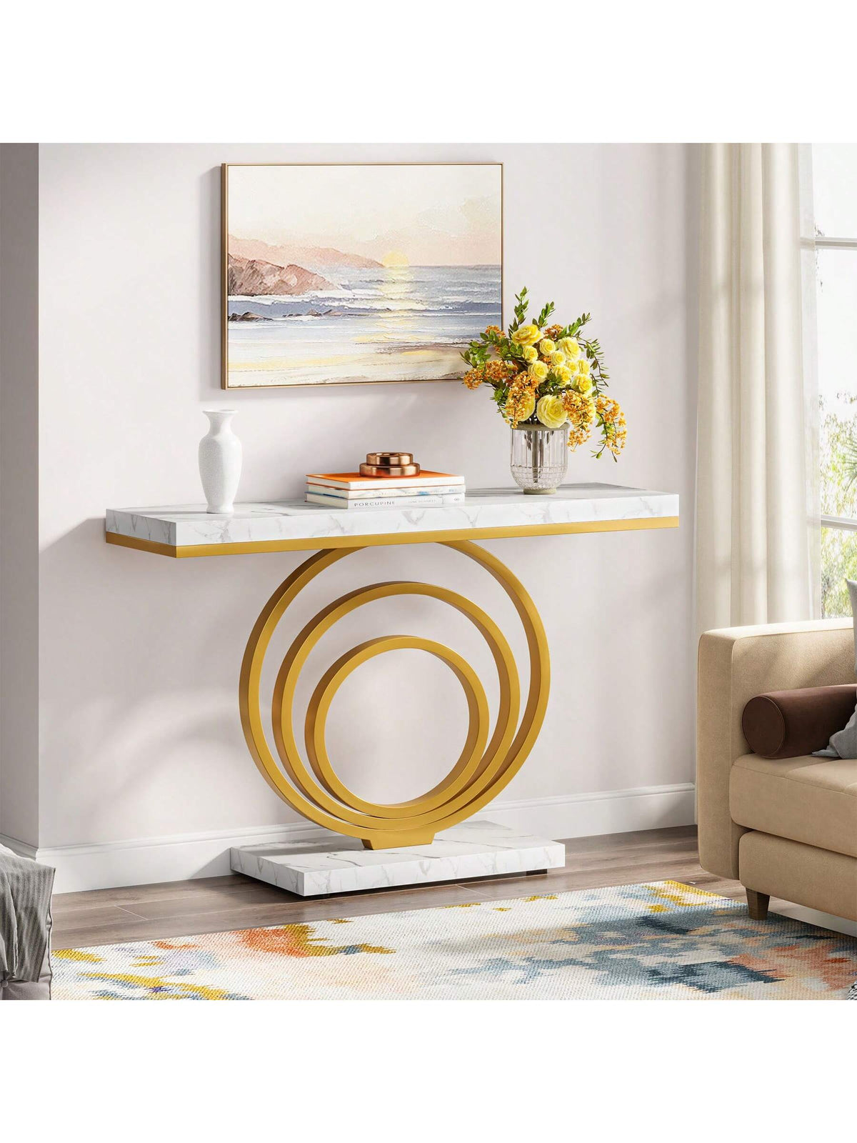 LITTLE TREE 41-Inch Gold Entryway Table, Modern Console Table Narrow Long, Contemporary Accent Table For Living Room, Hallway, Entrance, Faux Marble Veener Top
