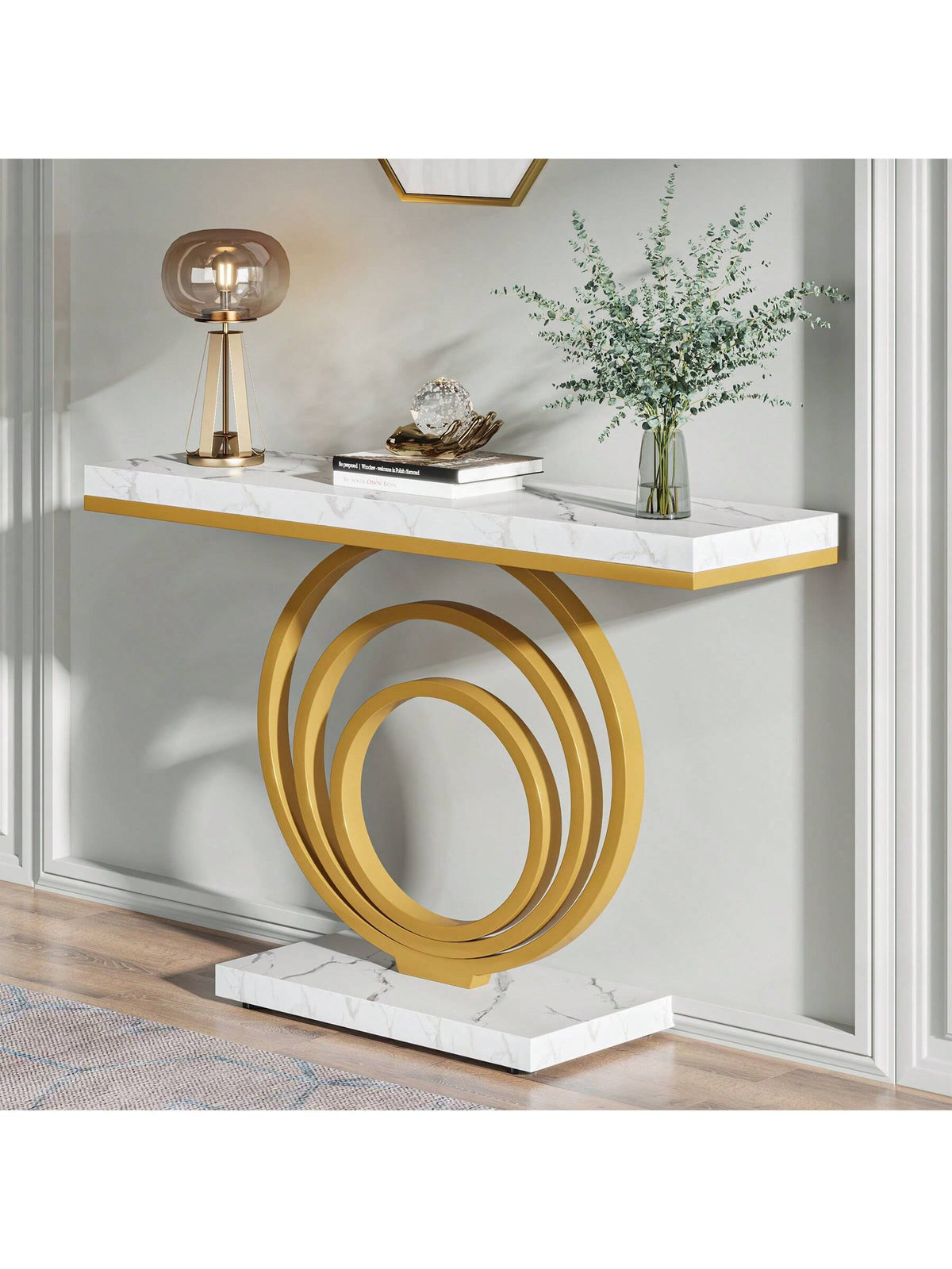 LITTLE TREE 41-Inch Gold Entryway Table, Modern Console Table Narrow Long, Contemporary Accent Table For Living Room, Hallway, Entrance, Faux Marble Veener Top