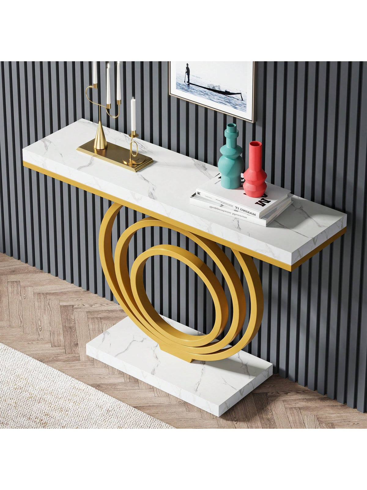 LITTLE TREE 41-Inch Gold Entryway Table, Modern Console Table Narrow Long, Contemporary Accent Table For Living Room, Hallway, Entrance, Faux Marble Veener Top