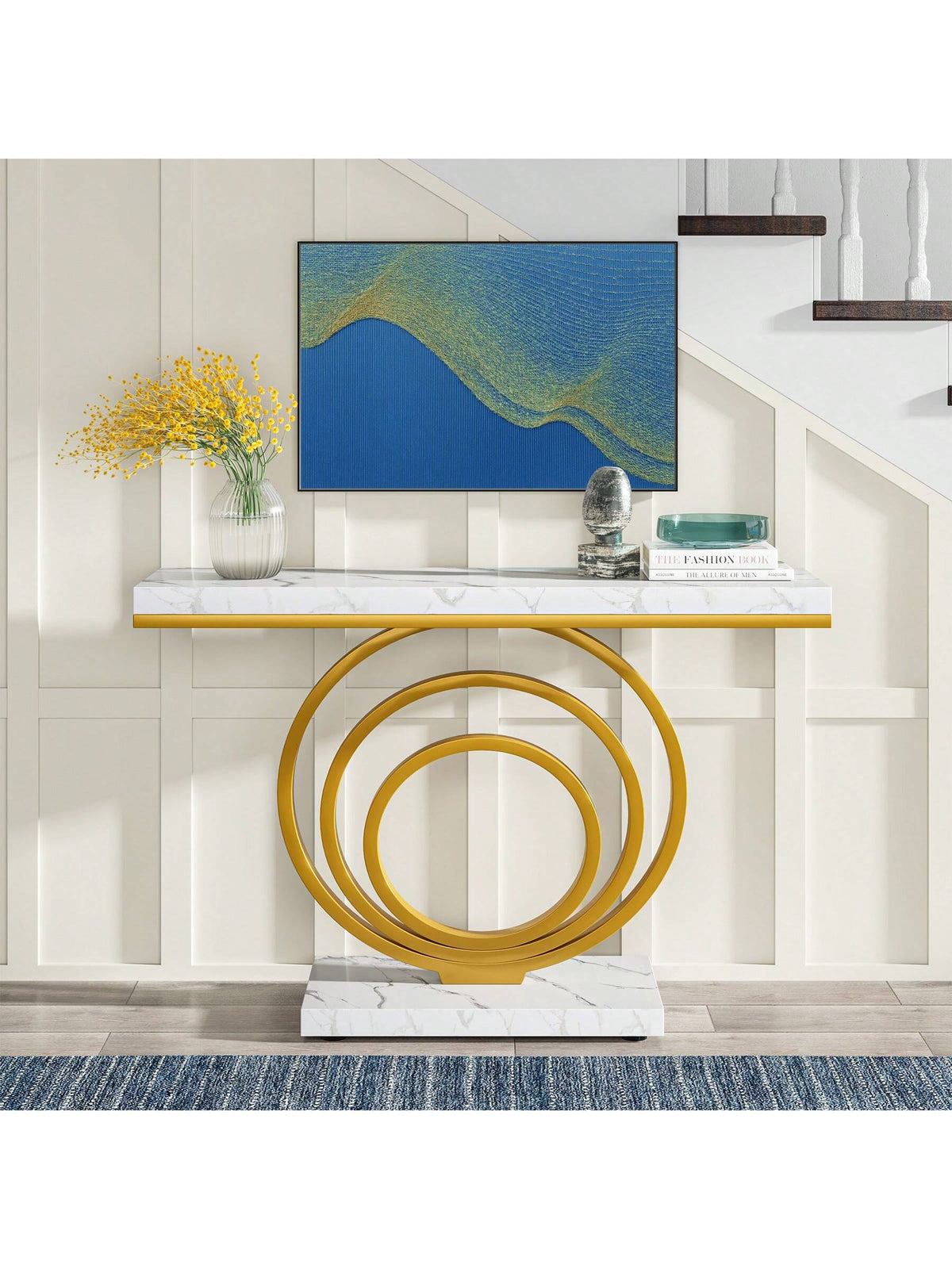 LITTLE TREE 41-Inch Gold Entryway Table, Modern Console Table Narrow Long, Contemporary Accent Table For Living Room, Hallway, Entrance, Faux Marble Veener Top