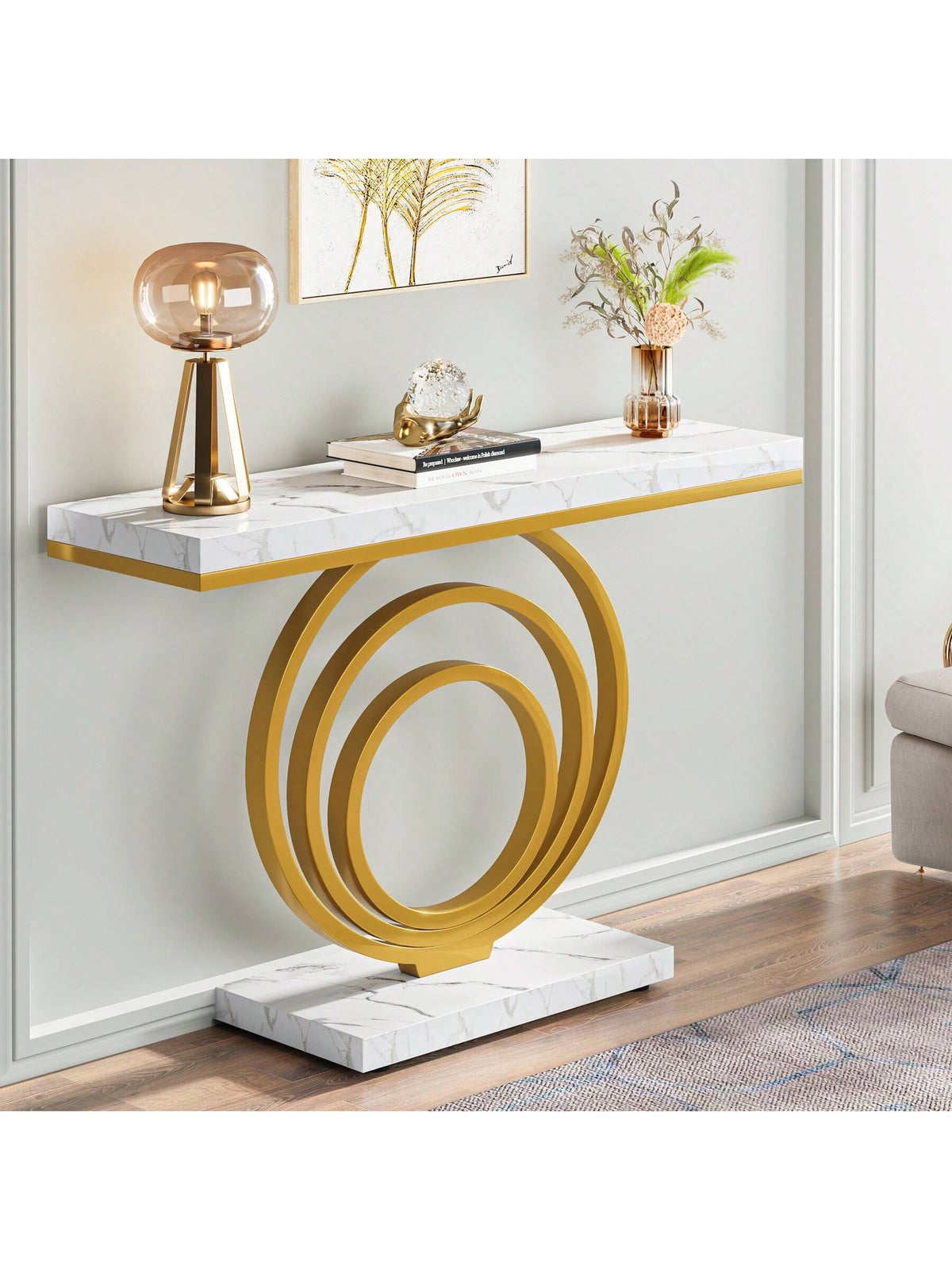 LITTLE TREE 41-Inch Gold Entryway Table, Modern Console Table Narrow Long, Contemporary Accent Table For Living Room, Hallway, Entrance, Faux Marble Veener Top