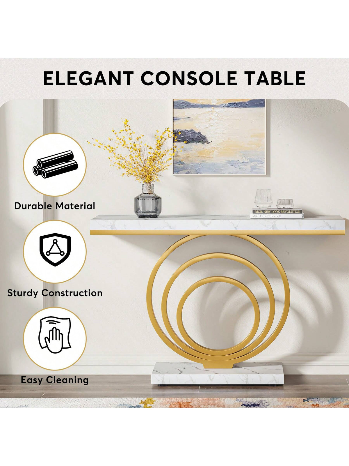 LITTLE TREE 41-Inch Gold Entryway Table, Modern Console Table Narrow Long, Contemporary Accent Table For Living Room, Hallway, Entrance, Faux Marble Veener Top