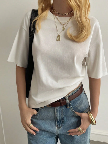 Livesso Autumn/Winter New Loose Casual Round Neck Basic Women's Short Sleeve
