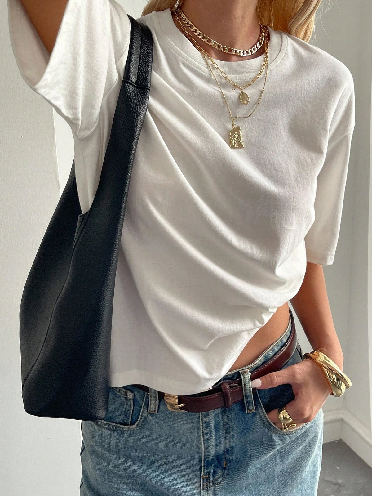 Livesso Autumn/Winter New Loose Casual Round Neck Basic Women's Short Sleeve