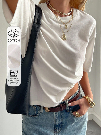Livesso Autumn/Winter New Loose Casual Round Neck Basic Women's Short Sleeve