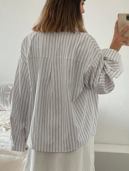 Livesso Women's Loose Long Sleeve Turndown Collar Casual Striped Shirt, Spring/Summer Fall Tops