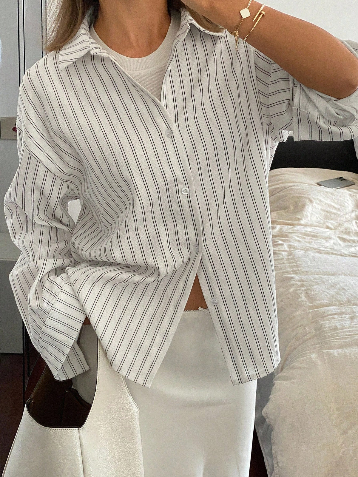 Livesso Women's Loose Long Sleeve Turndown Collar Casual Striped Shirt, Spring/Summer Fall Tops