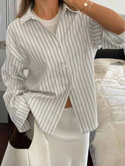 Livesso Women's Loose Long Sleeve Turndown Collar Casual Striped Shirt, Spring/Summer Fall Tops
