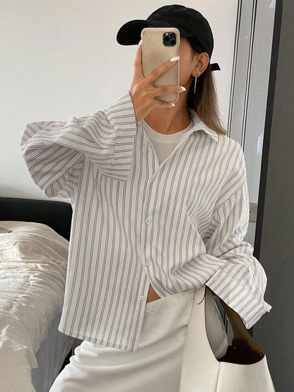 Livesso Women's Loose Long Sleeve Turndown Collar Casual Striped Shirt, Spring/Summer Fall Tops