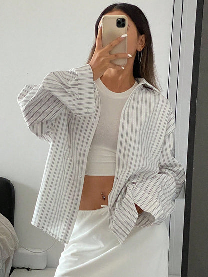 Livesso Women's Loose Long Sleeve Turndown Collar Casual Striped Shirt, Spring/Summer Fall Tops